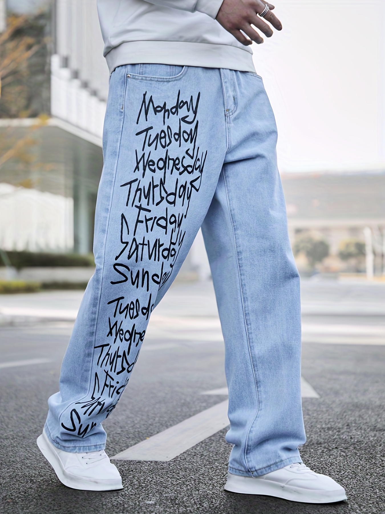 Chic Letter Print Slim Fit Jeans, Men's Casual Medium Stretch Street Style Denim  Pants For All Seasons - Temu