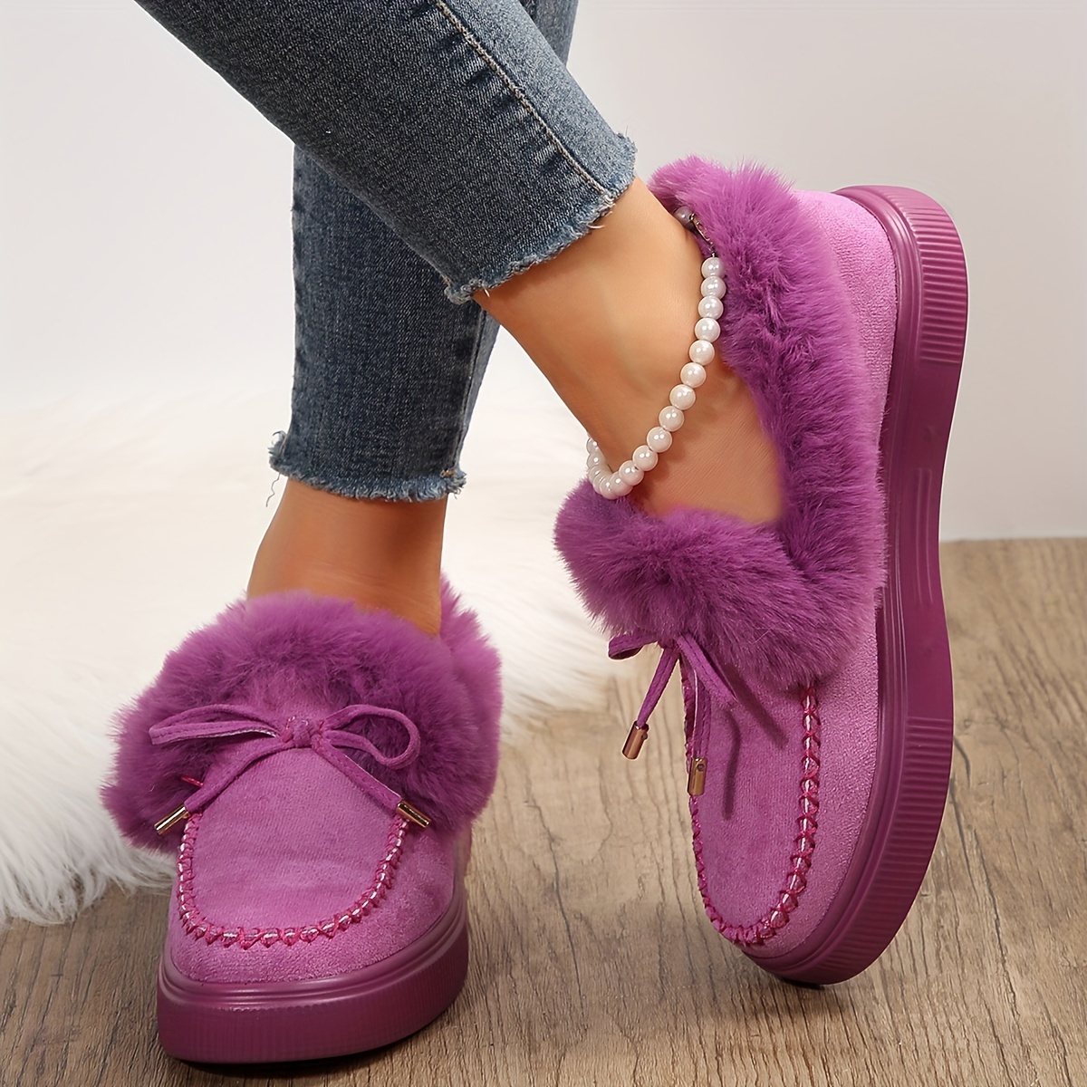 Women s Fluffy Fleece Lining Snow Boots Solid Color Bowknot Slip On Ankle Boots Cozy Winter Warm Flat Boots details 2