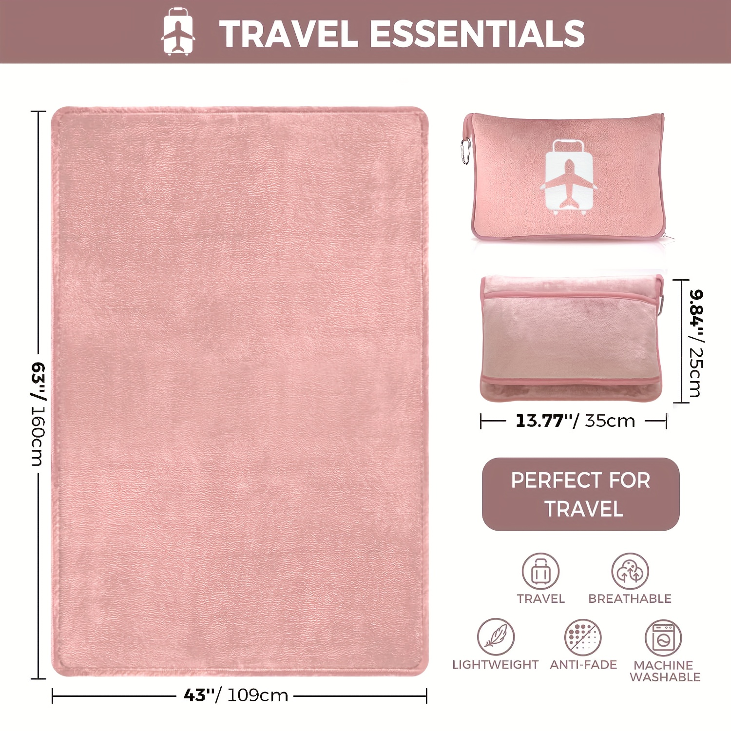  EverSnug Travel Blanket and Pillow - Premium Soft 2 in 1  Airplane Blanket with Soft Bag Pillowcase, Hand Luggage Sleeve and Backpack  Clip (Light Pink) : Home & Kitchen