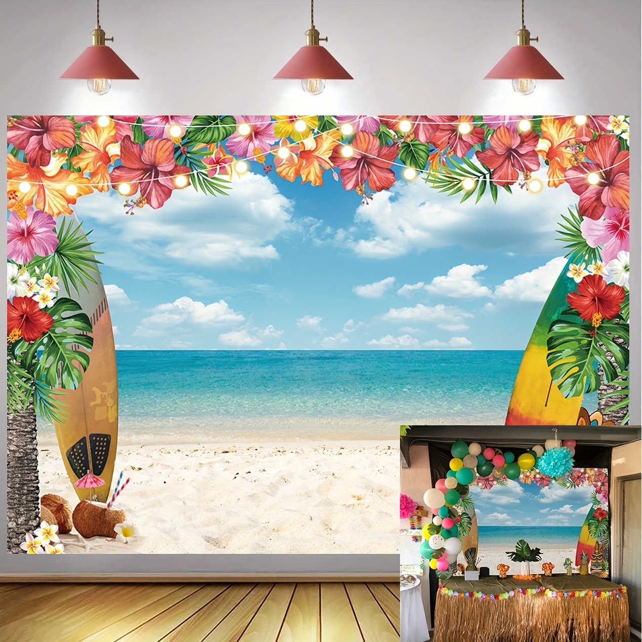 Decoraciones de fiesta hawaiana Luau, kit de suministros de fiesta de  verano Aloha con temática de playa tropical, incluye falda de mesa, telón  de