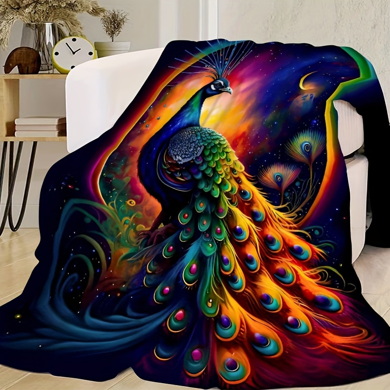 TEMU 1pc Vibrant Peacock & Design Throw Blanket - Polyester, , Ideal For , Office, Home Decor, And Gifts, Machine Washable, Bedroom Decor | Theme | Polyester Fabric, Peacock Decor