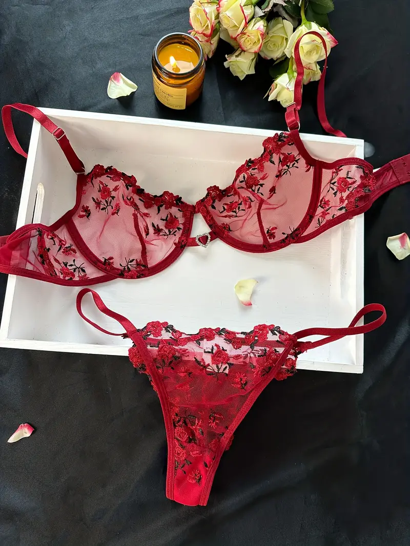 floral embroidery lingerie set hollow out unlined bra sheer mesh thong womens sexy lingerie underwear details 0