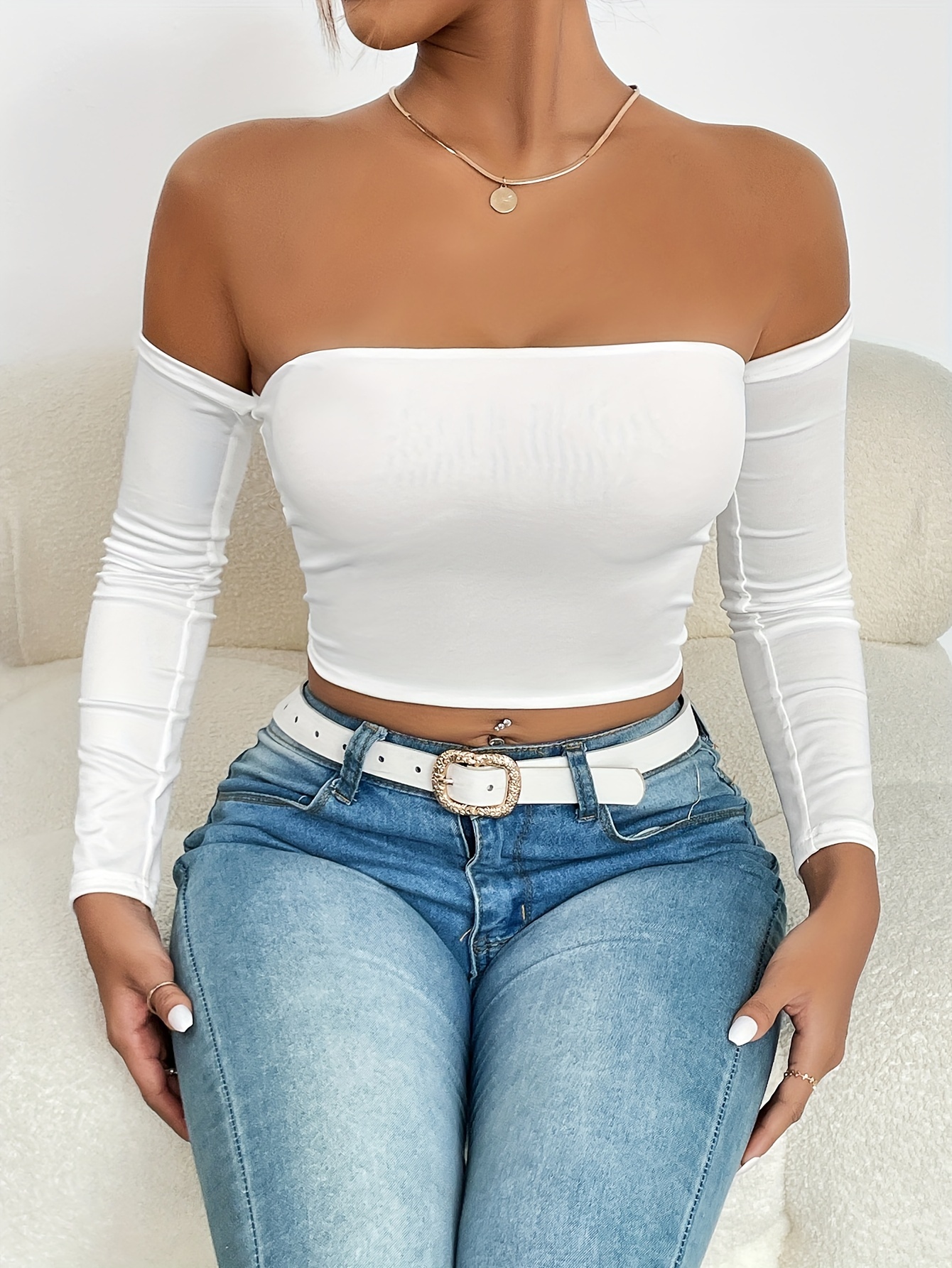 Solid Ruched Shoulder Mesh Top Casual Long Sleeve Top Spring - Temu