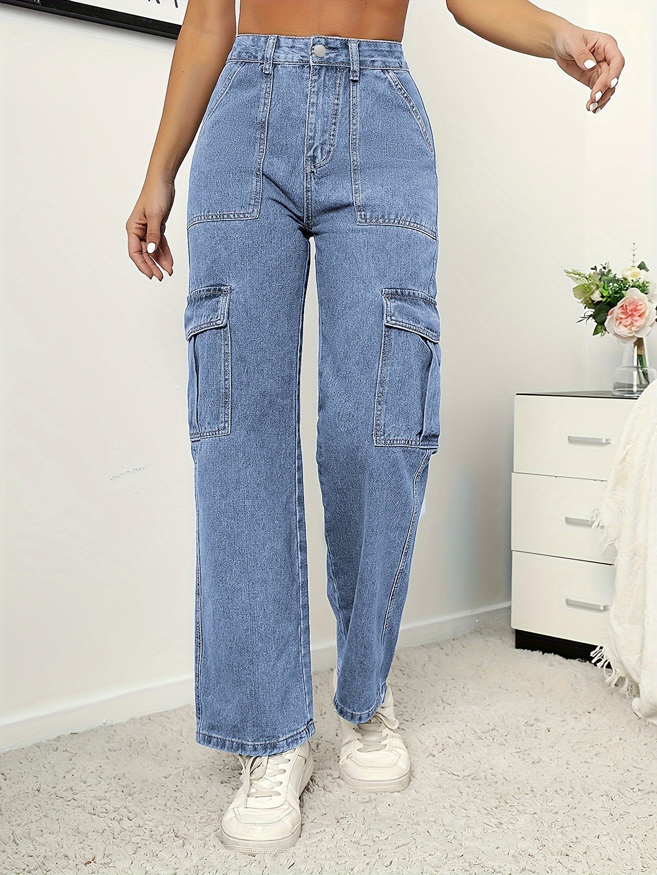Elainilye Fashion Womens Jeans High Waisted Straight Leg Denim Pants Large  Pocket Zipper Button Tight Pants Trousers Cargo Jeans For Women 