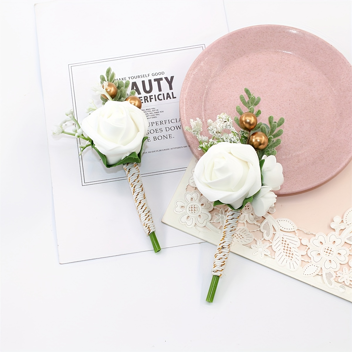 Boutonniere Men Wedding Artificial Foam Rose Faux Pearls Temu United Arab Emirates