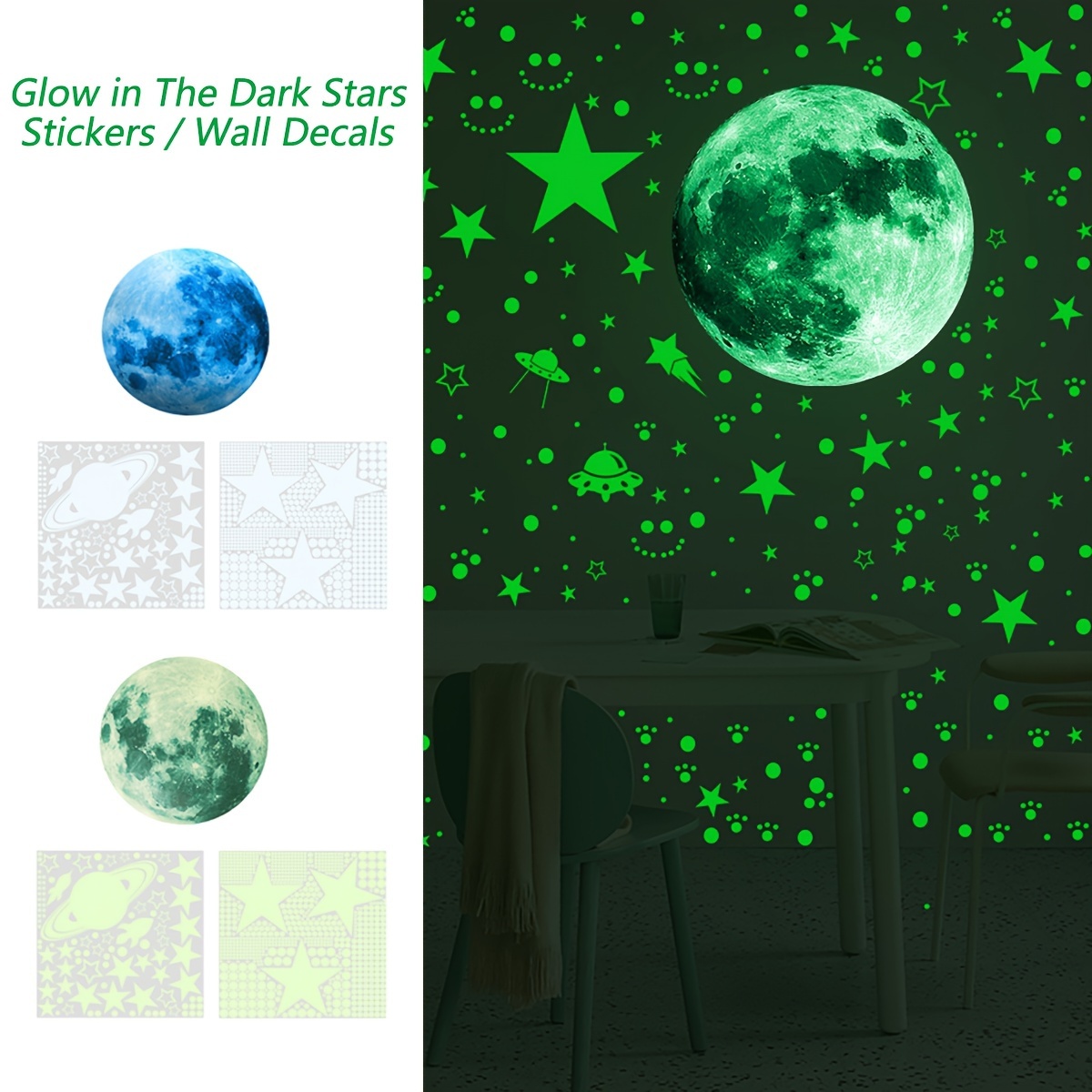 849 Piezas Estrellas Fluorescentes para Techo Pegatinas Luminosas  Decorativas Decoraciones de Astronautas y Cohetes para Niños