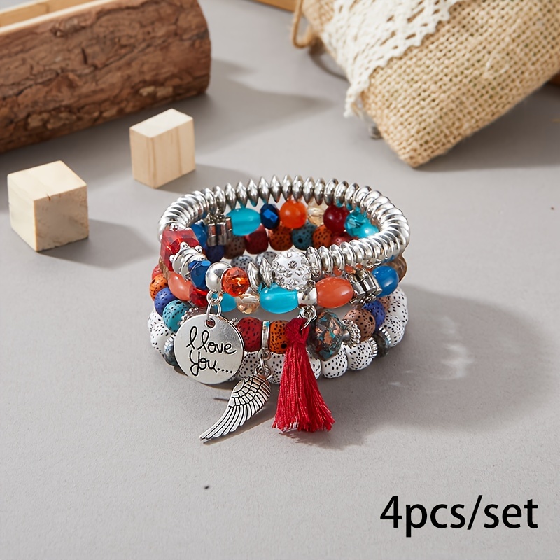 4pcs/set Boho Multi-layer Tassel Crystal Beads Women Bracelet