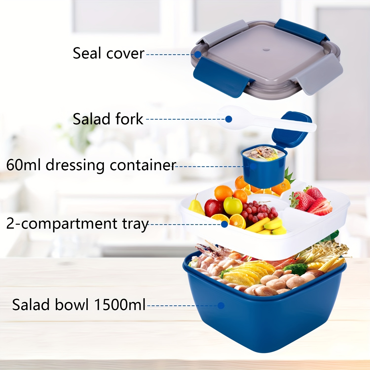 Leak Proof Salad Lunch Container 3 Compartment Bento-Style Tray