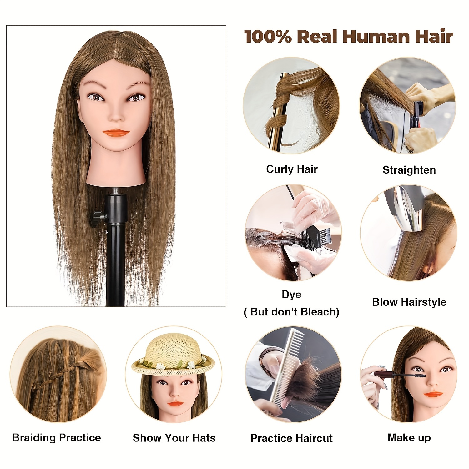 Human Hair Mannequin Head Hair Styling Training Manikin