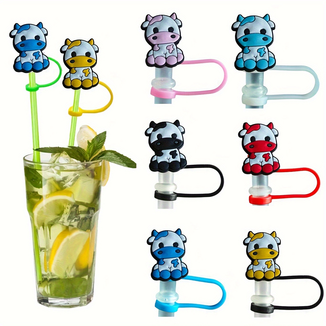 Straw Tips Cover Reusable Straw Toppers Cartoon Cow Silicone - Temu