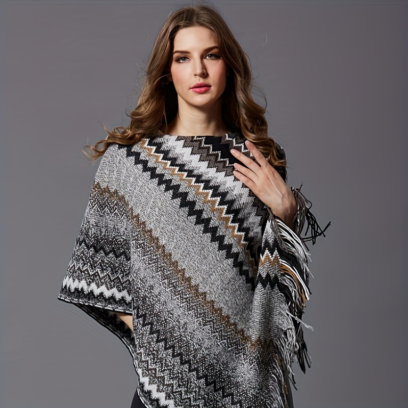 Poncho Tipo Jersey Estilo Mujer Capa Borlas Rayas Coloridas - Temu Chile