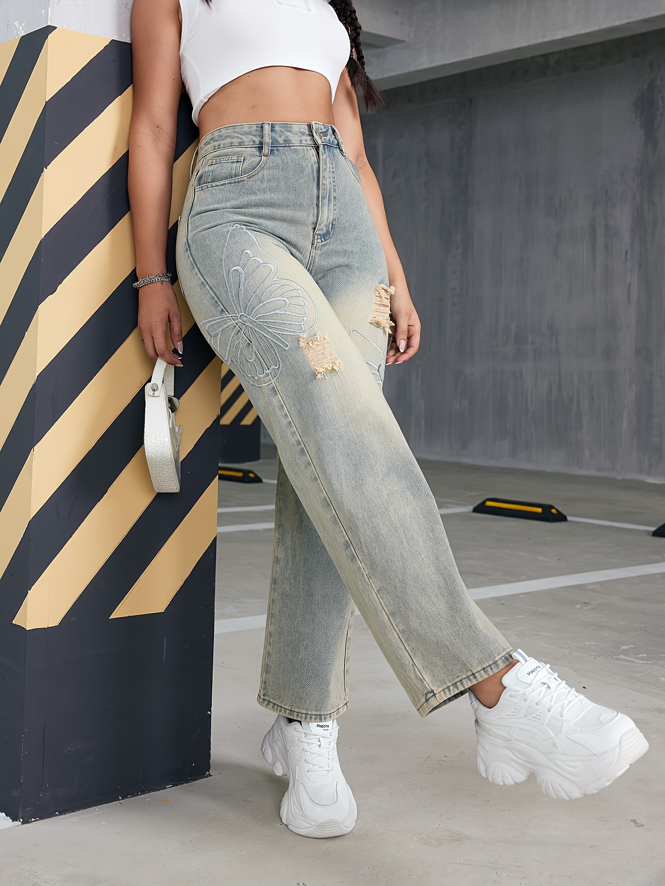 Trendy High Waisted Straight Leg Jeans With Ripped Holes For Women