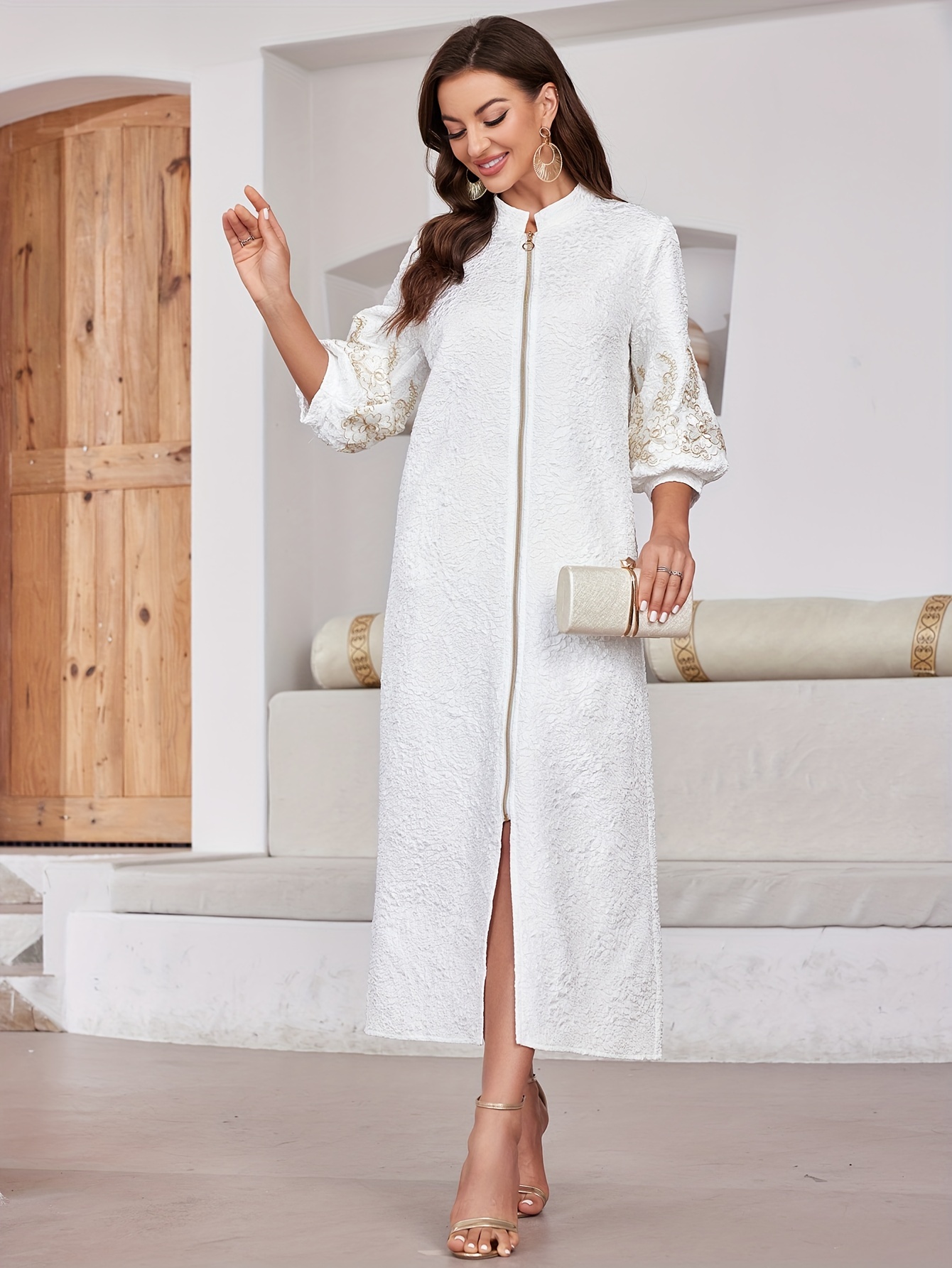 Textured Zip Dress Elegant 3 4 Sleeve Maxi Dress Women s Temu