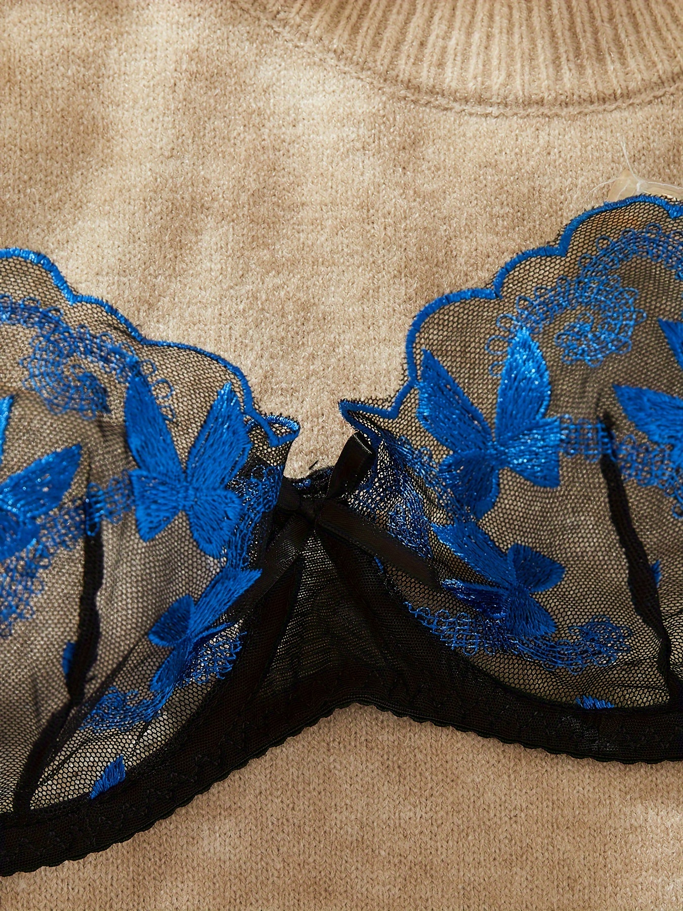 Floral Embroidery Lingerie Set Sheer Bow Tie Unlined Bra - Temu Canada