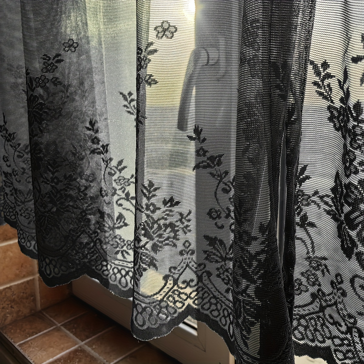 1pc elegant black floral lace cafe curtain sweet   rod pocket sheer polyester for kitchen dining room window door decor machine washable kitchen decor details 10