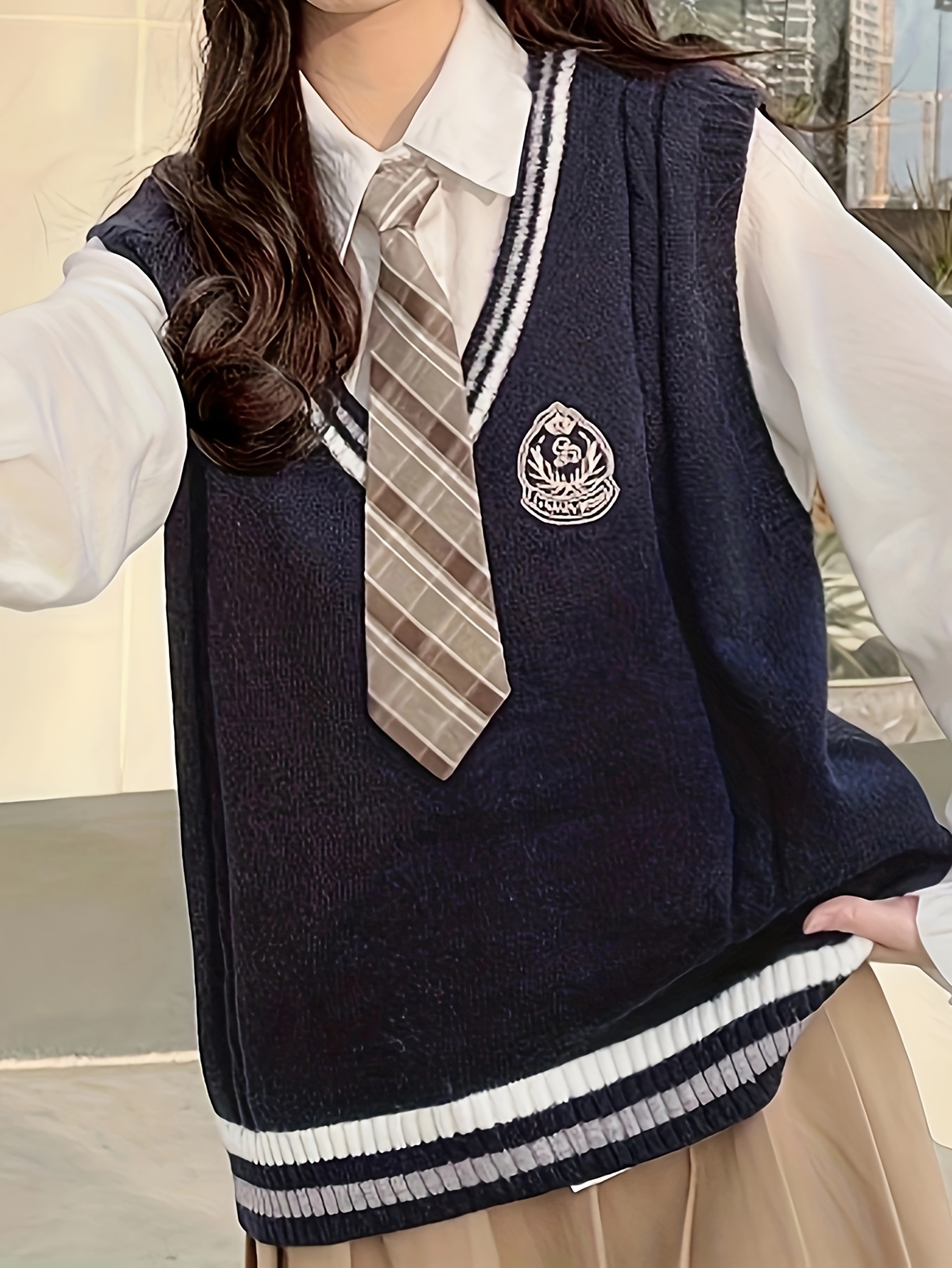 Jk Color Block Knitted Vest, Casual College Style Long Sleeve V