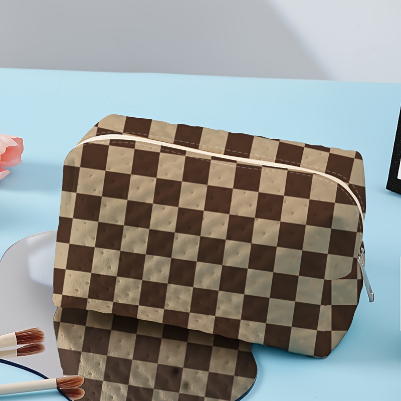 Lightweight Checkerboard Pattern Cosmetic Bag, Zipper Versatile