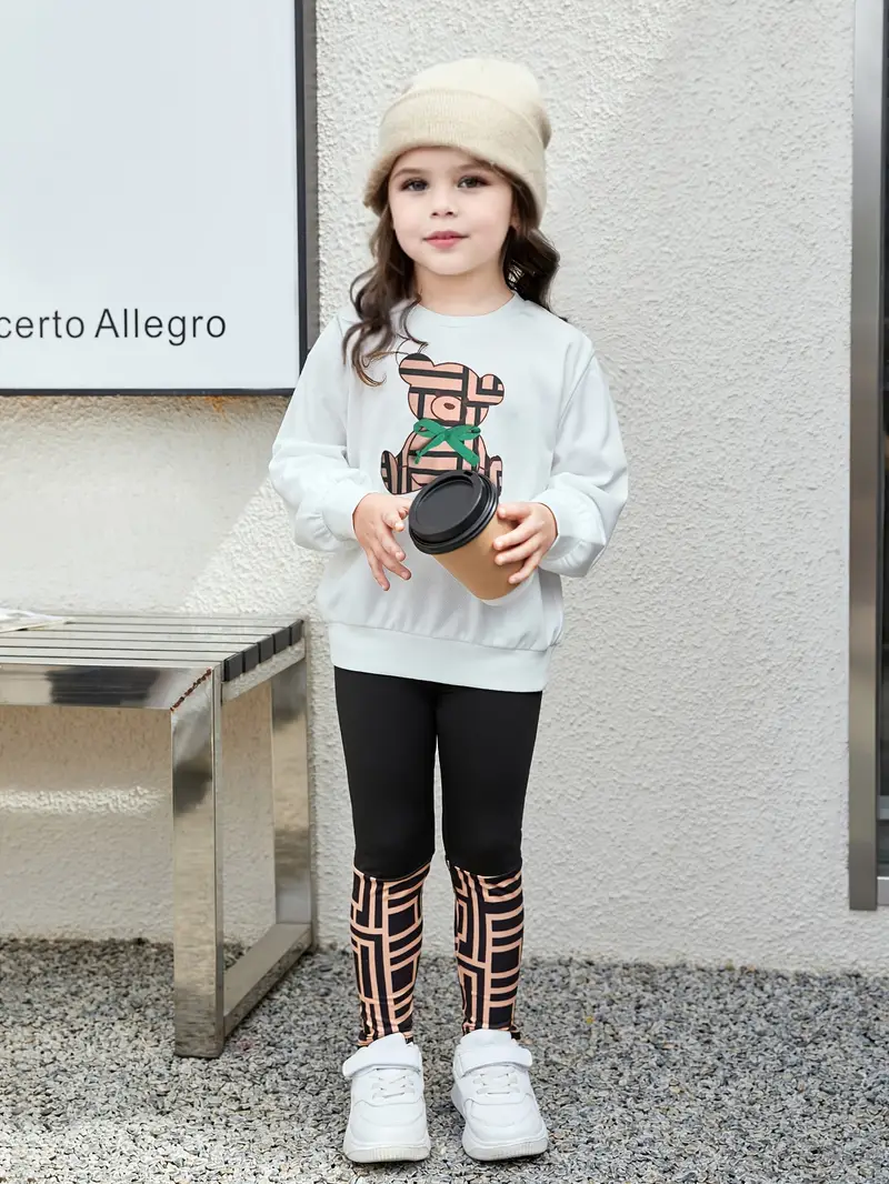 2pcs girls bear graphic outfit sweatshirt geometric pattern allover print leggings set kids clothes for spring fall details 4