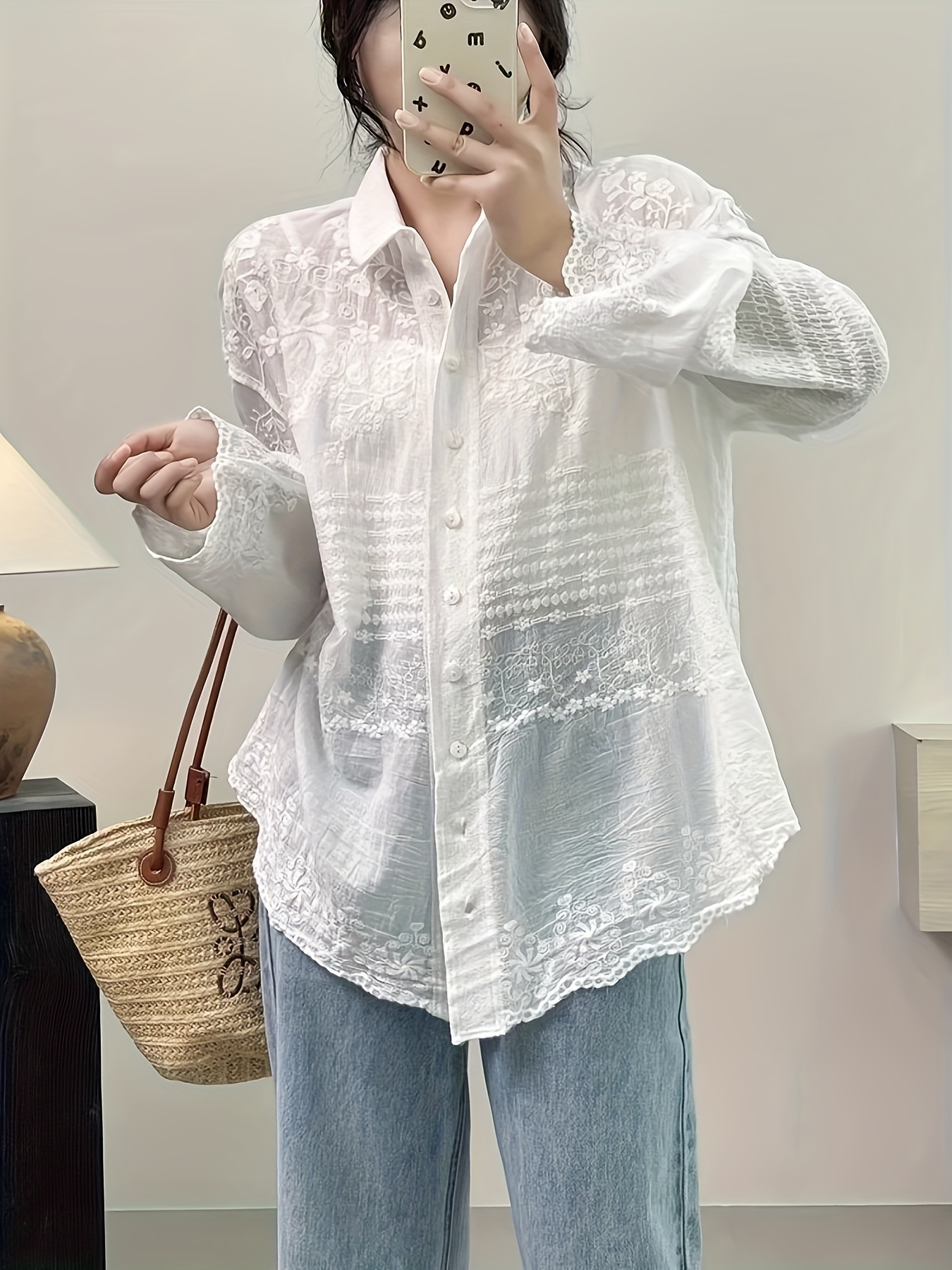 Floral Pattern Button Front Blouse Casual Long Sleeve Blouse - Temu