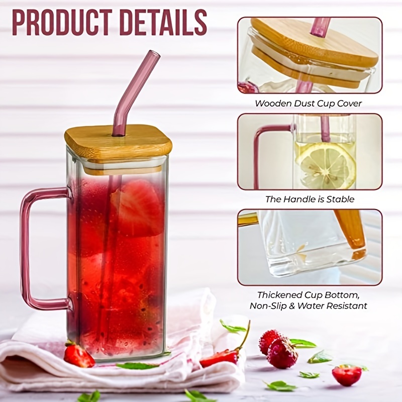 Square Cute Glass Cup With Bamboo Lid And Straw, Drinking Glasses, Juice  Water Bottles, Glass Mug With Colored Handle For Soda, Iced Coffee, Milk,  Bubble Tea, Water - Temu