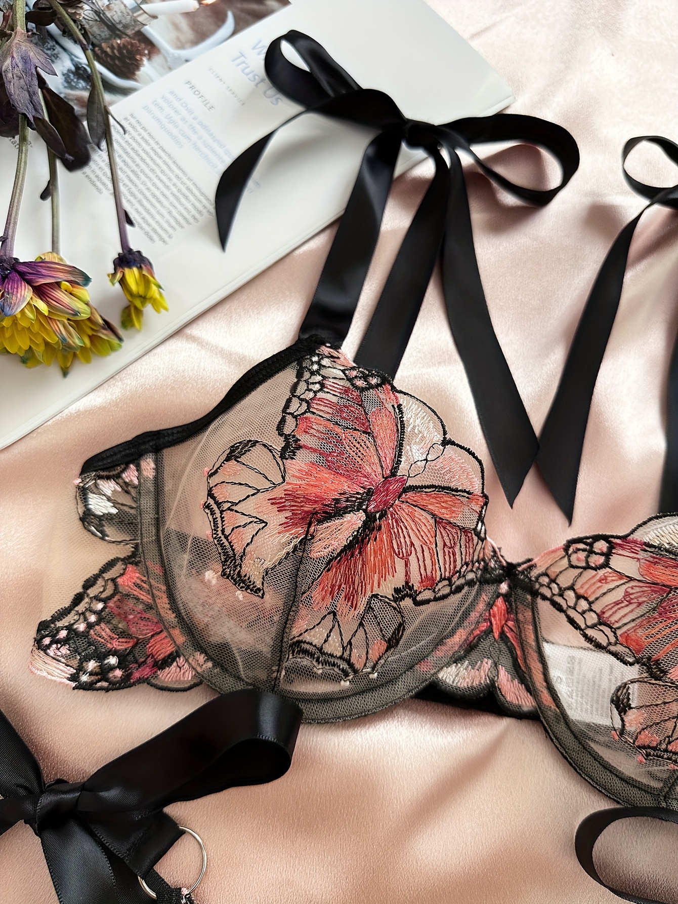 Butterfly Pattern Embroidery Mesh Longline Bralette 1023 - Grey