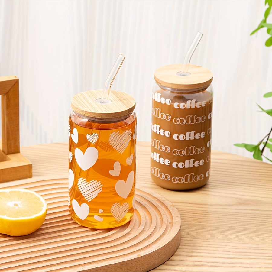Ice Coffee Cup With Bamboo Lid And Glass Straw Love Hearts - Temu