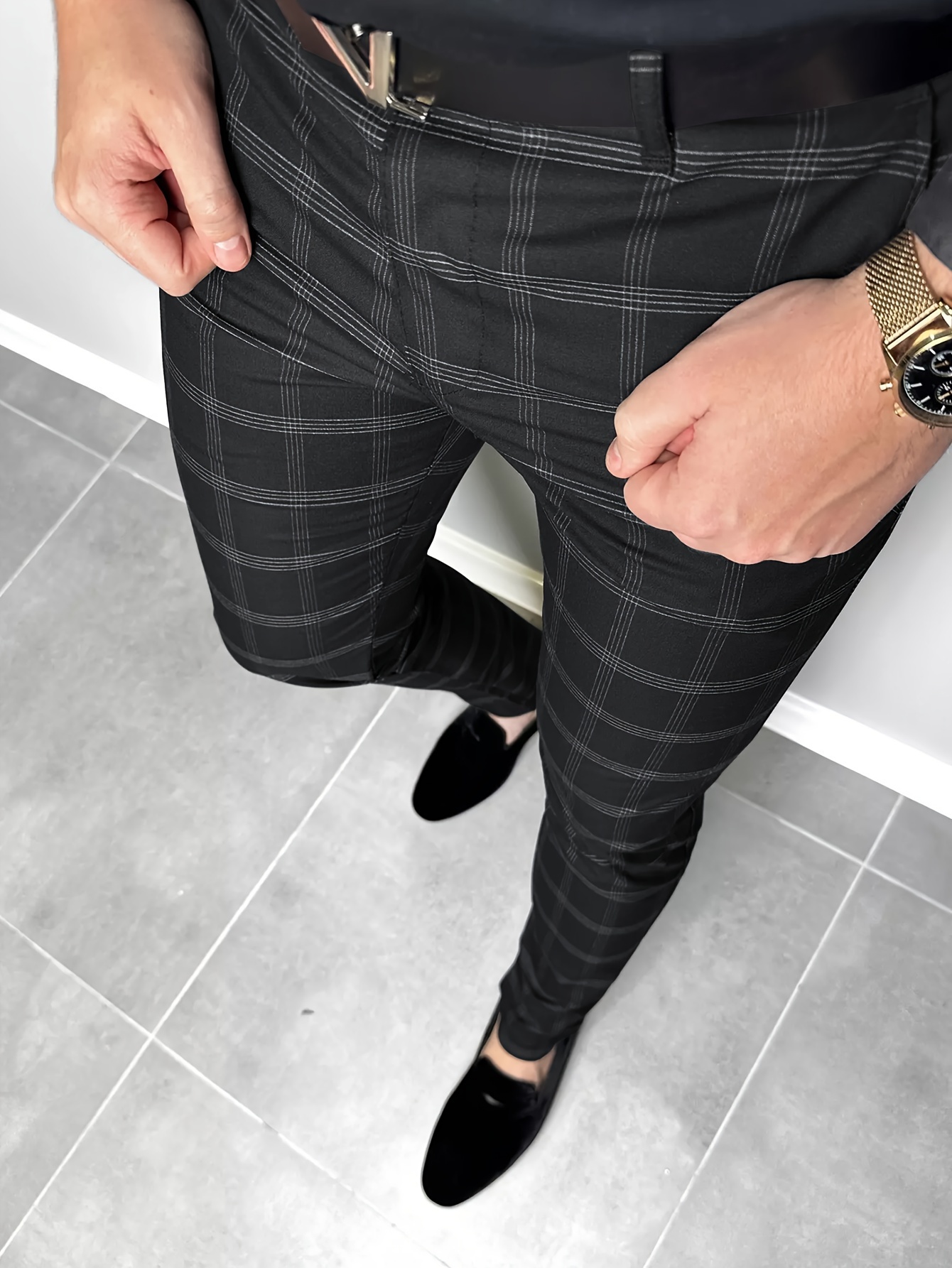 Xysaqa Men's Slim Fit Dress Pants Fashion Plaid Skinny Long Pants Casual  Checkered Business Pant for Men
