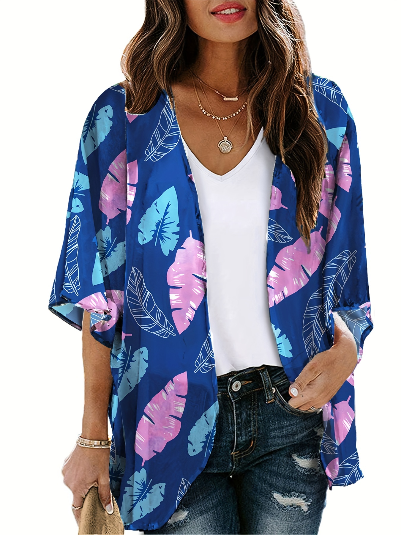 Print V-neck Chiffon Kimono