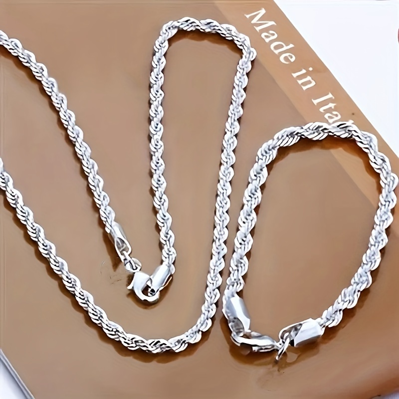 

1pc Fashion Exquisite Men's&women's Silvery Plated Solid 4mm Rope Chain Necklace Bangle (necklace+bracelet)