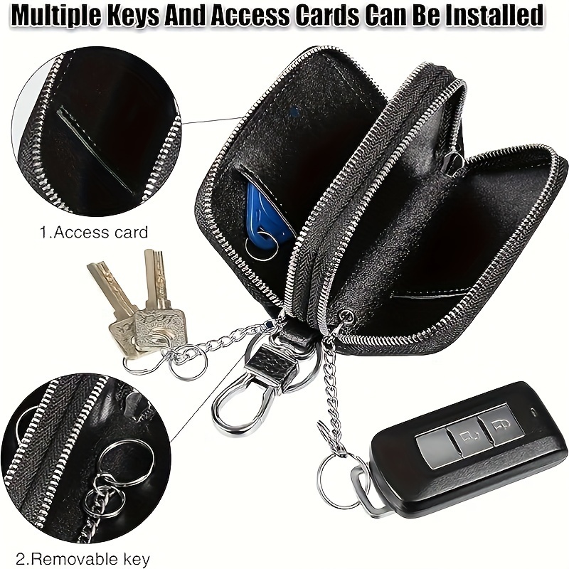 2pcs Car Key Case Double-Deck Faux Leather Purse Key Bag, Keychain Card Holder, Keyring Zipper Bag,Temu