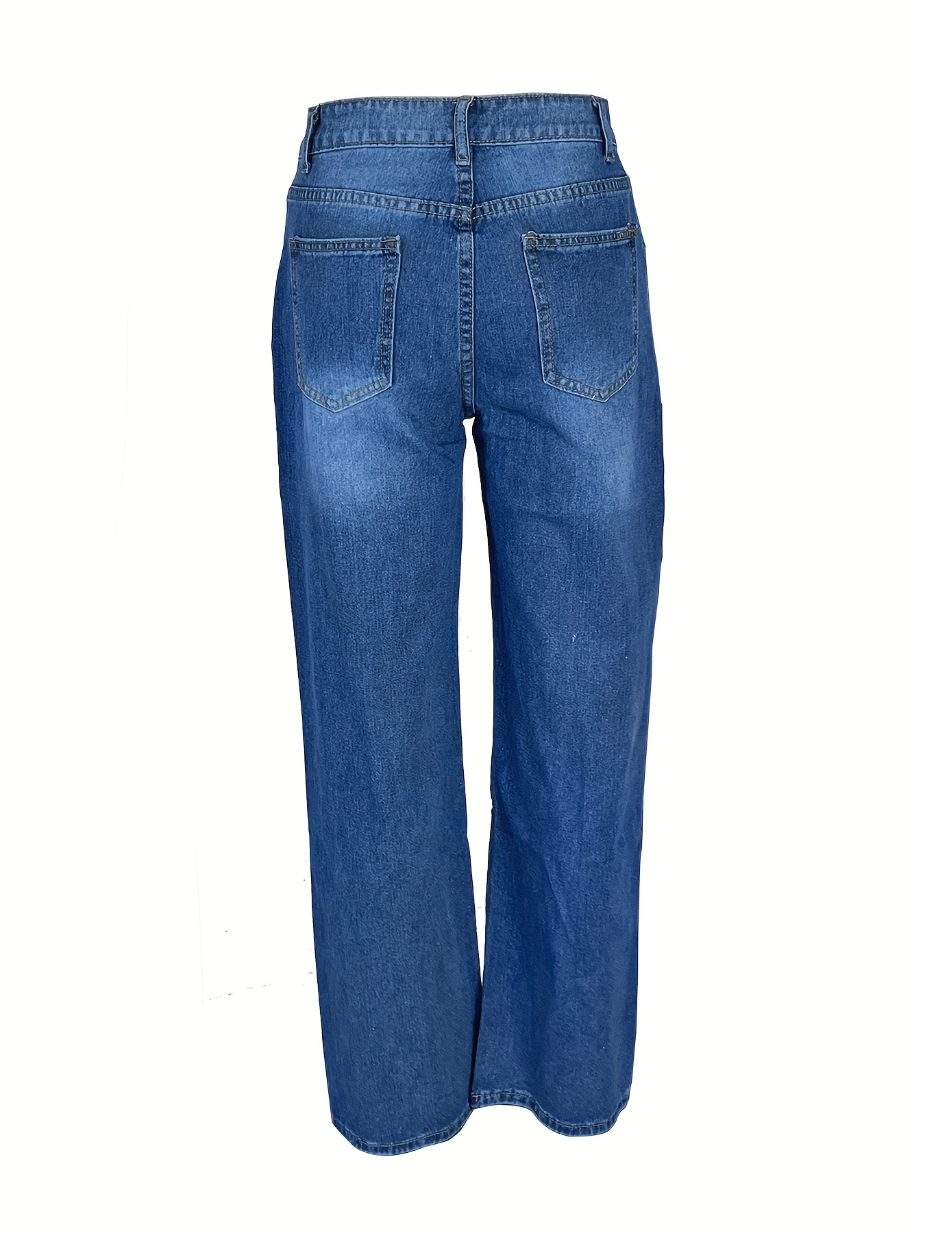 Solid Loose Fit Straight Jeans, Non-Stretch Slash Pockets Baggy Denim ...