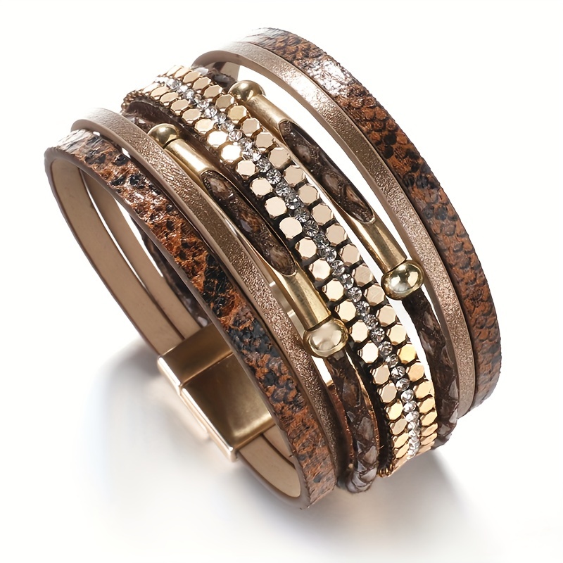 Snakeskin Pattern Leather Bracelet Multilayer Wrap Magnetic Clasp