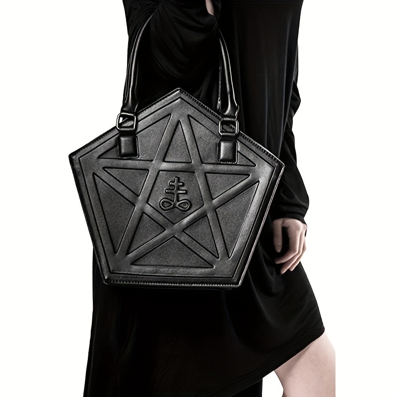Dark Gothic Rock Punk Style Pentagram Star Shaped Studded Tote Bag