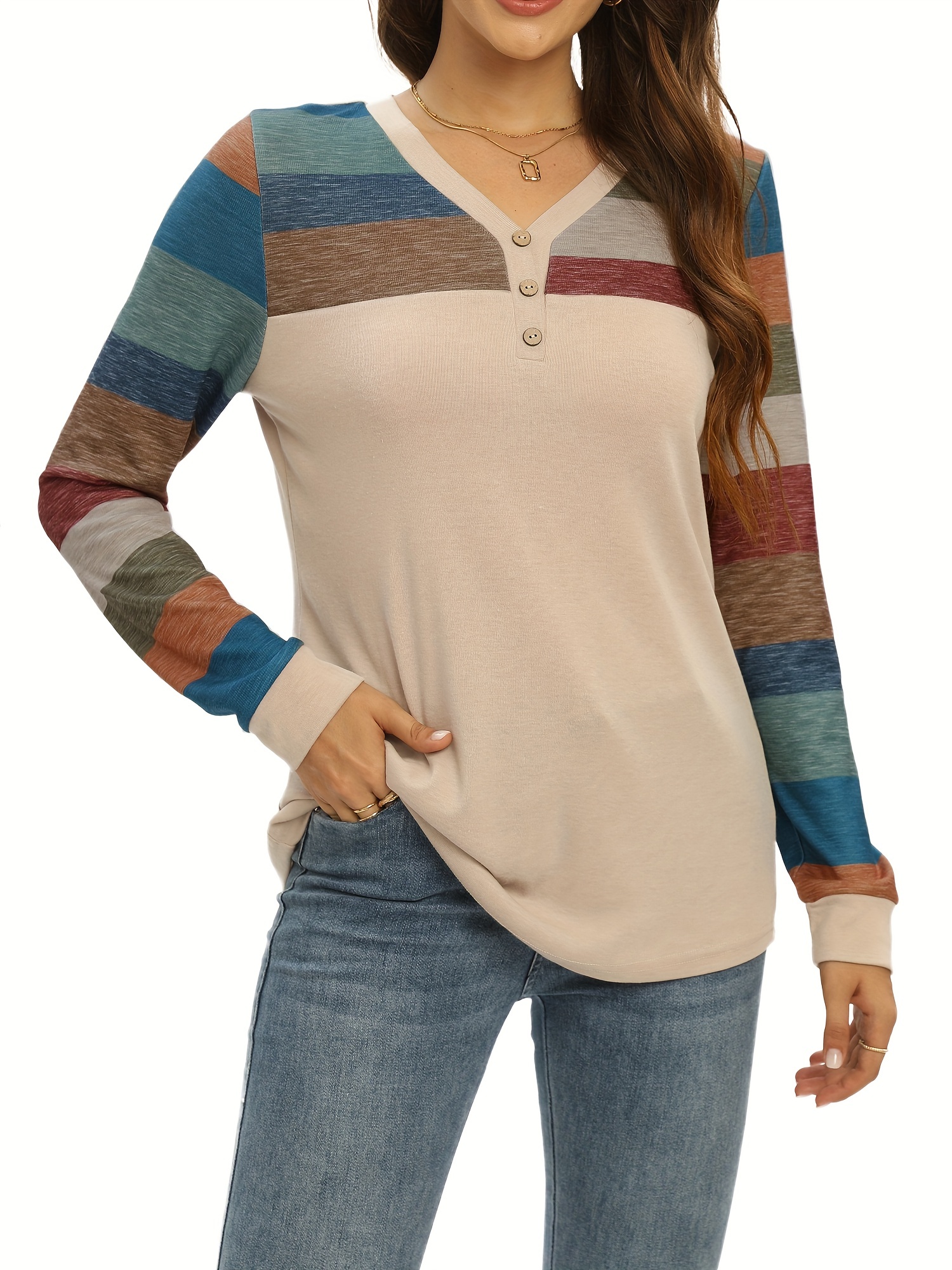 colorblock stripe print v neck t shirt casual button front long sleeve top for spring fall womens clothing apricot 2