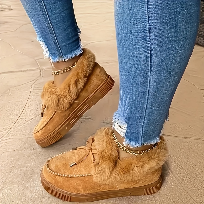 

Women's Bowknot Decor Short Boots, Casual Slip On Plush Lined Shoes, Comfortable Ankle Boots