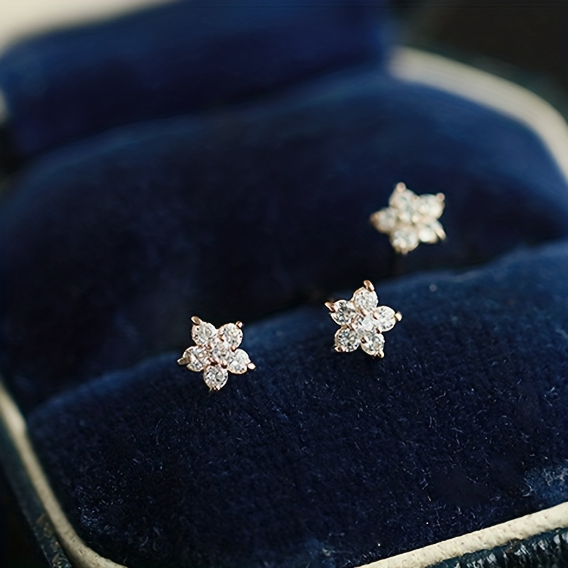 TEMU Elegant 925 Sterling Silvery Star & Flower Stud Earrings With Synthetic Zirconia - Perfect Engagement Gift For Her, April Birthstone