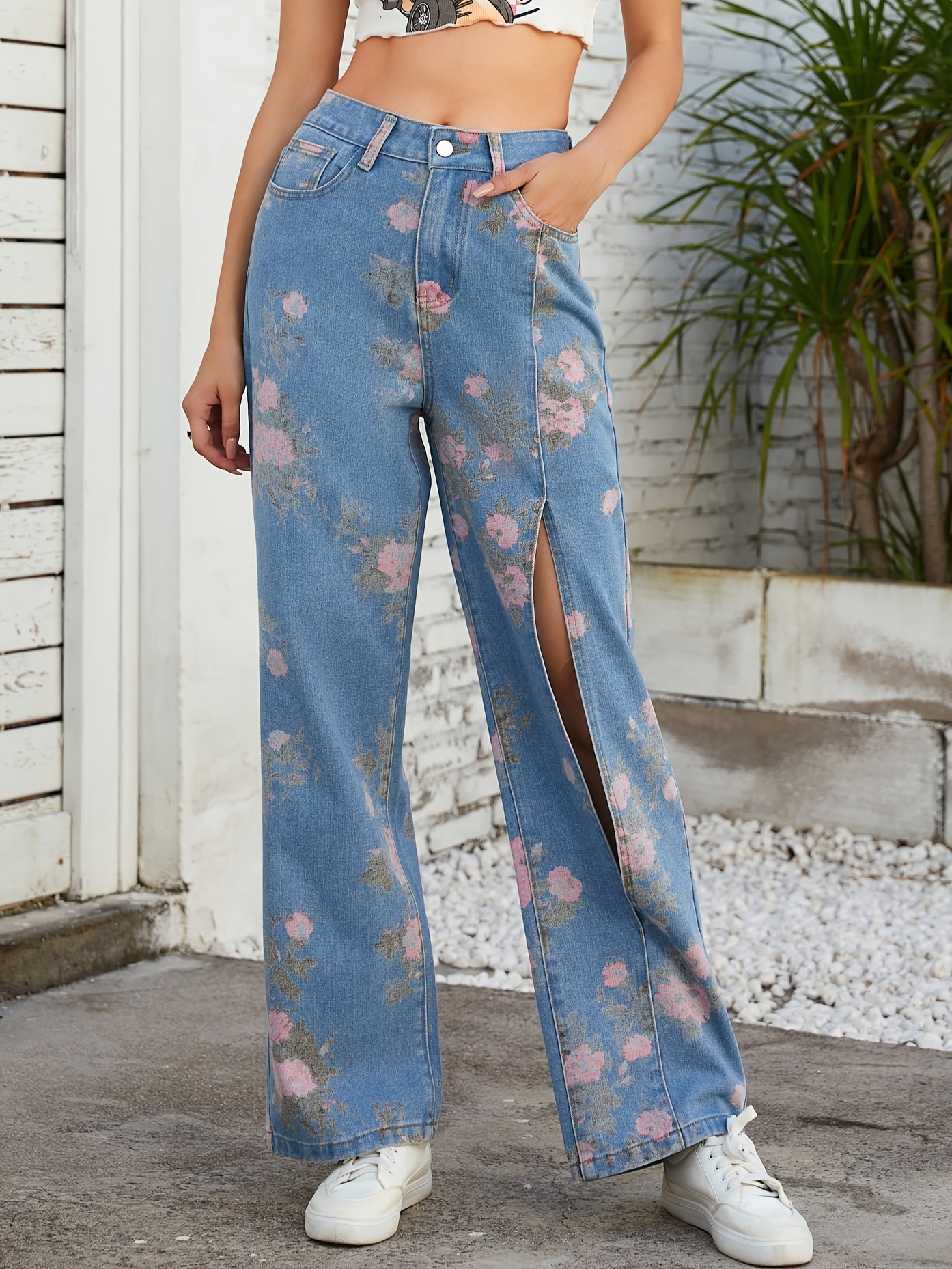 Front Split Floral Print High Rise Denim Pants Slash - Temu Canada