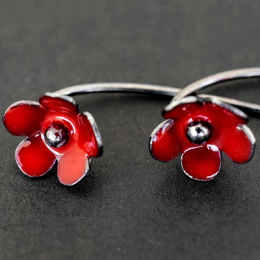 

Exquisite Red Flower Design Dangle Earrings Elegant Simple Style Silver Plated Jewelry Delicate Female Gift