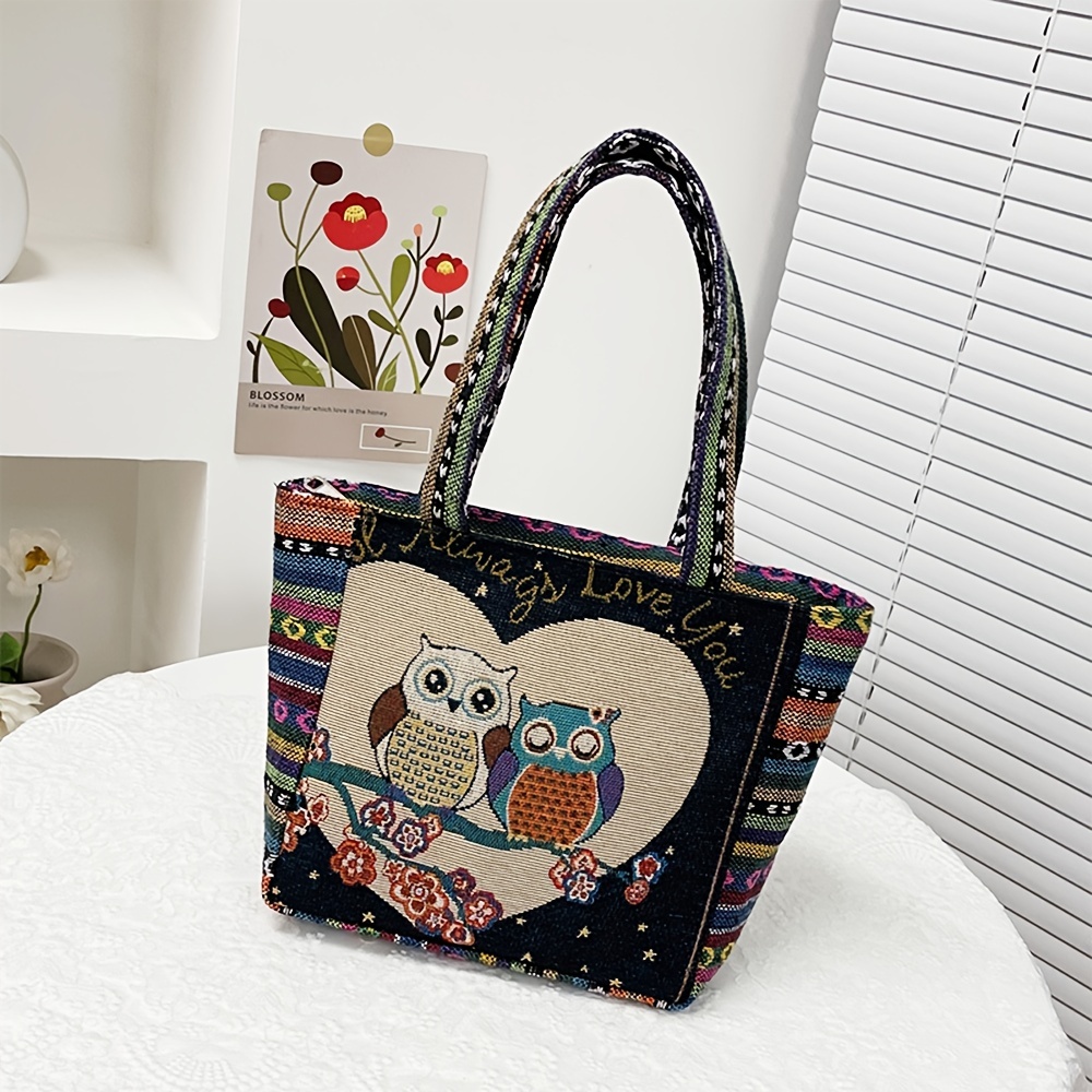 Embroidered Canvas Tote Bag with Geometric Pattern Strap