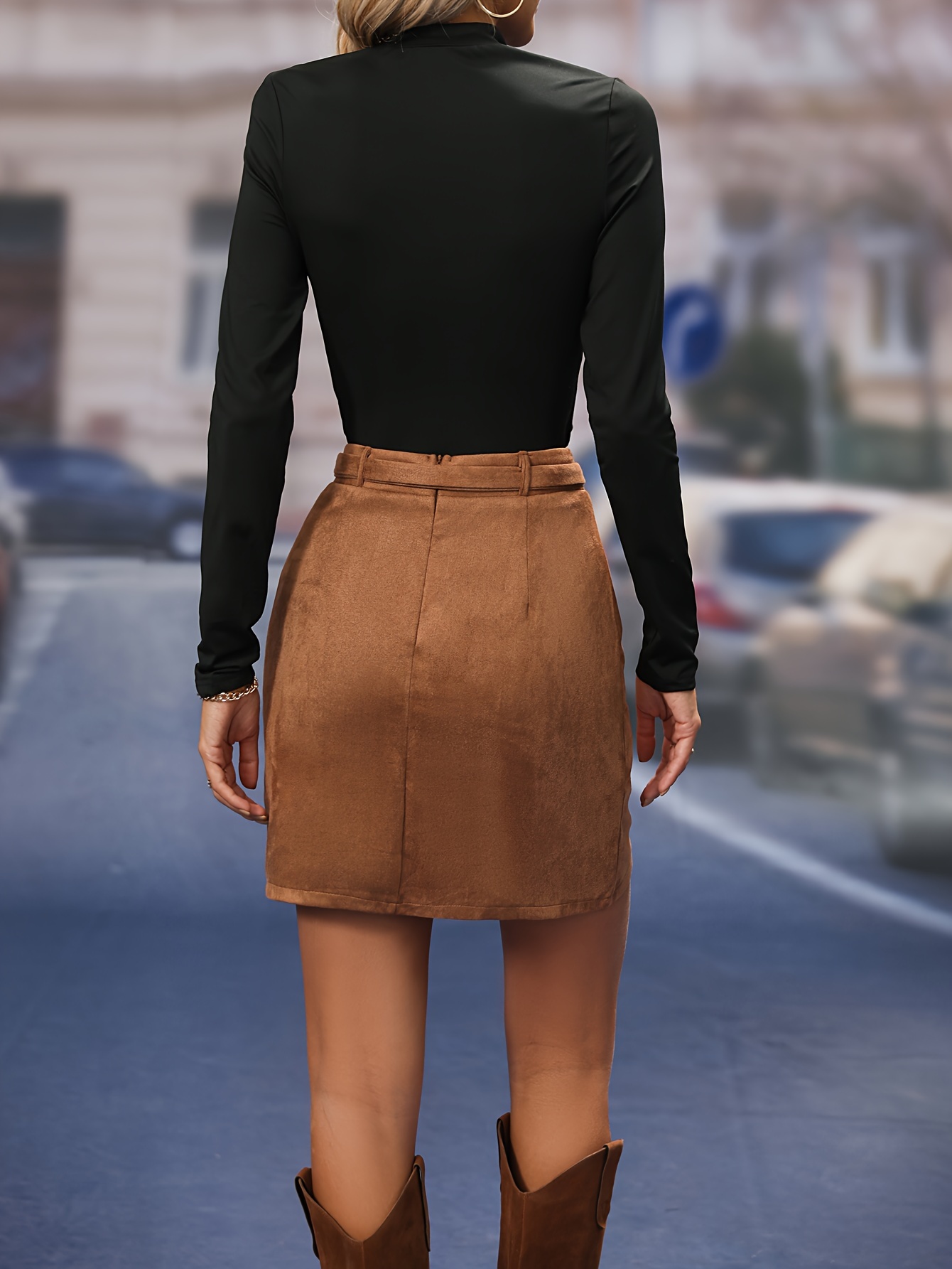 Belted Knee Length Suede Pencil Skirt