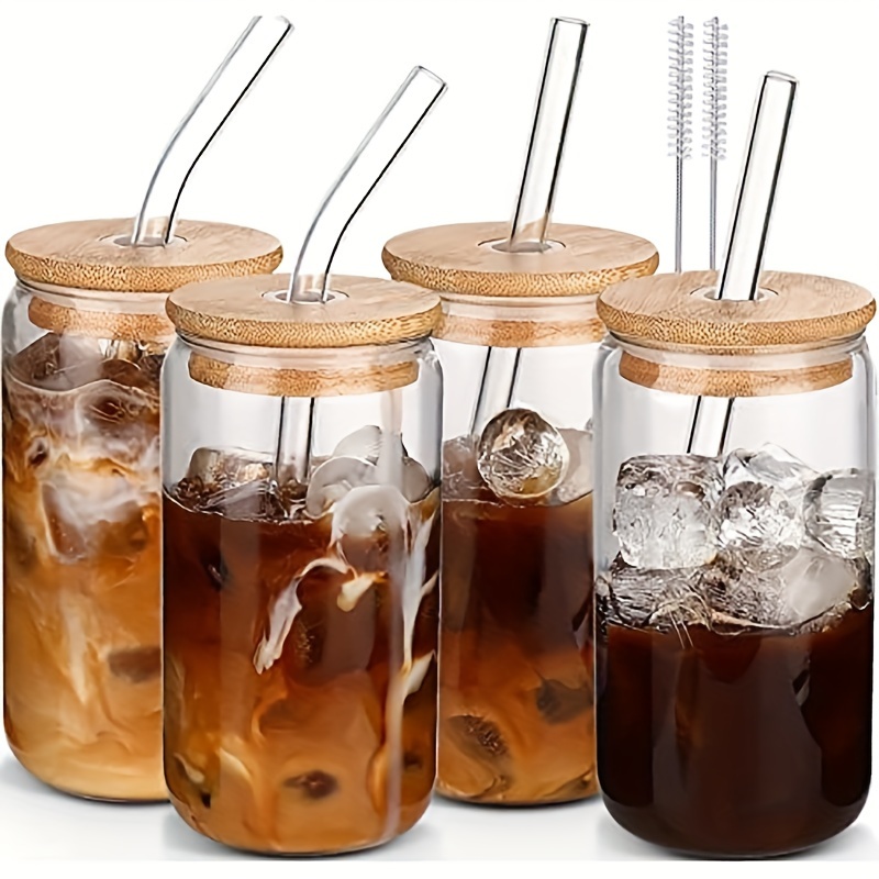  Juego de 4 vasos para beber con tapas de bambú y popote de  vidrio, vasos en forma de lata de 16 onzas, vasos de cerveza, taza de café  helado, ideal para