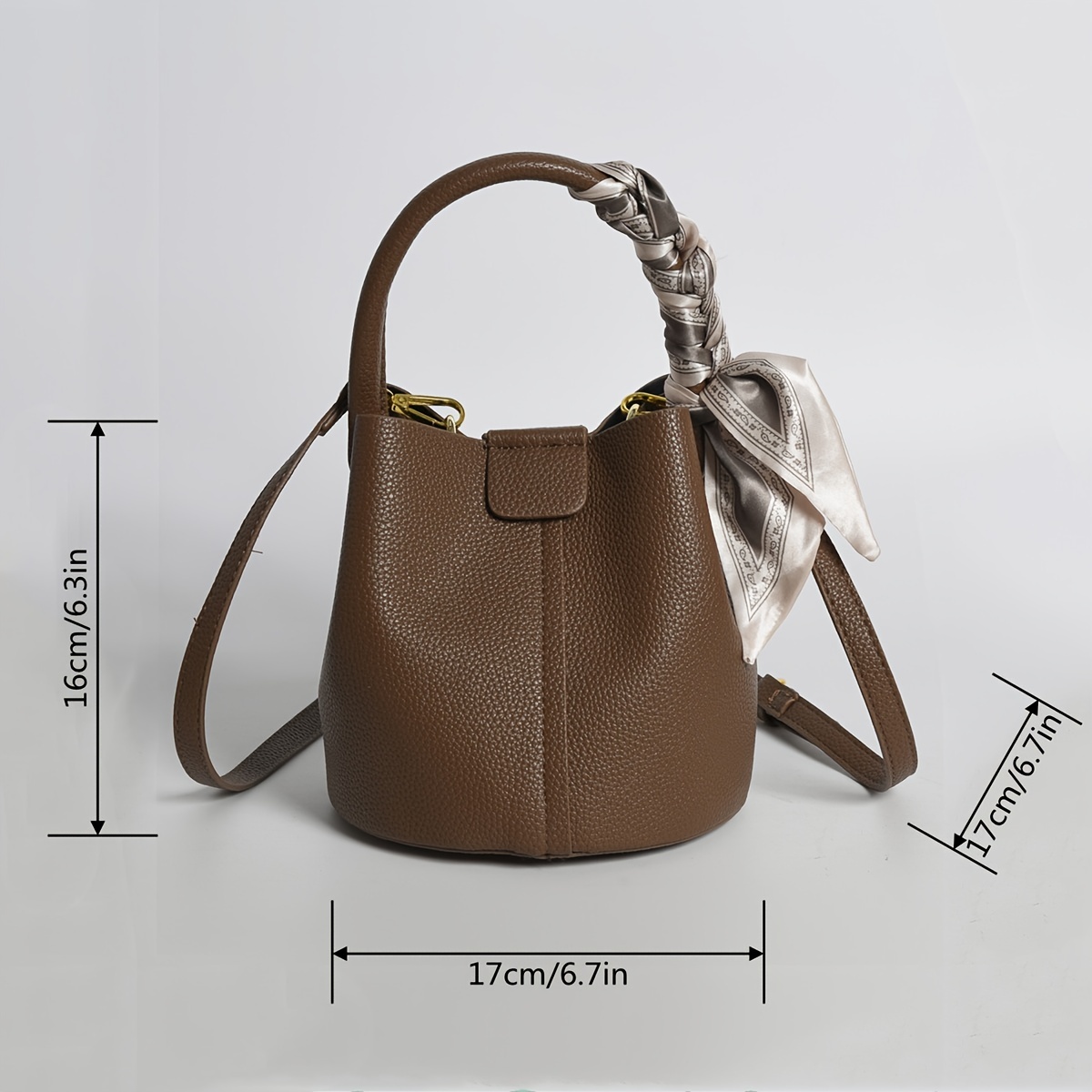 Mini Bucket Bag Twilly Scarf Decor Litchi Embossed Double Handle Zipper PU  Elegant
