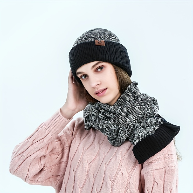 2pcs Set Grey Hat And Scarf, Warm Polyester Knitted Scarf Neck