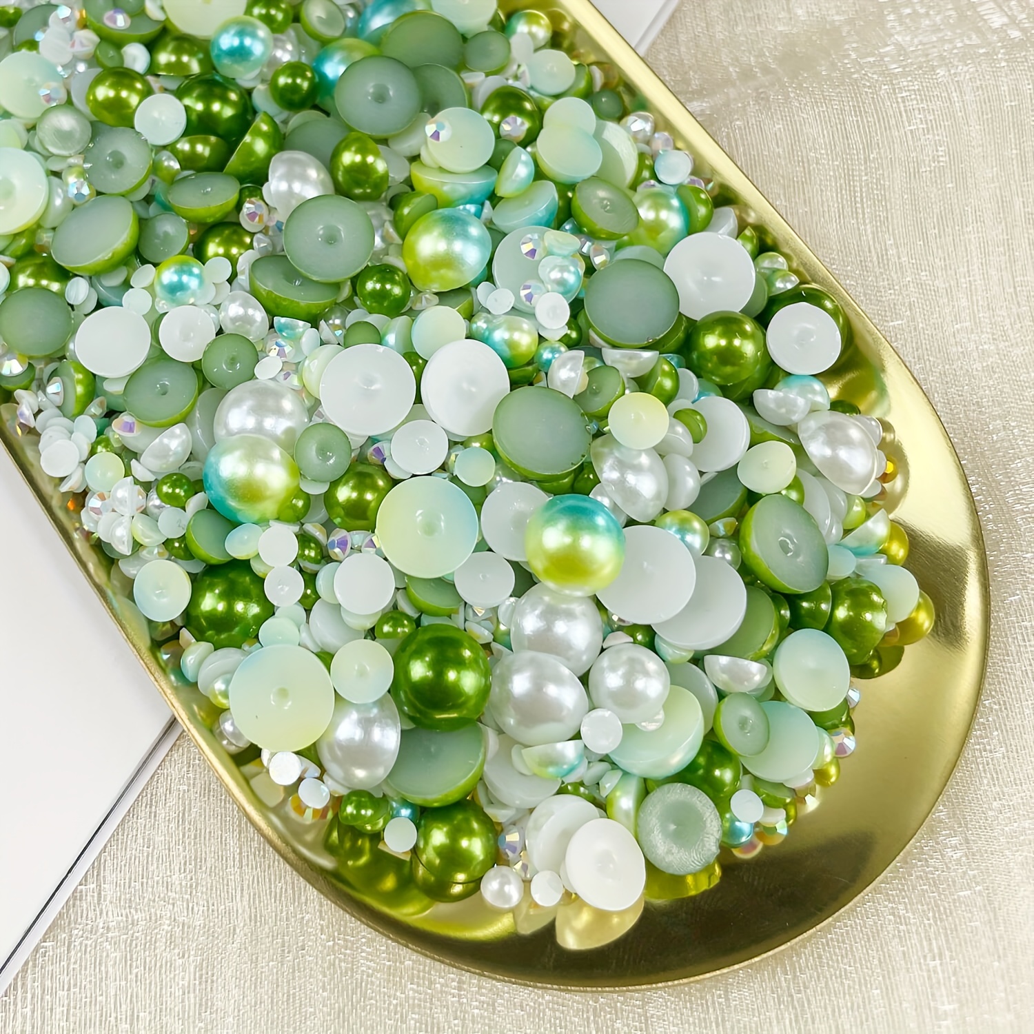 60g Cyan Green Flat Back Pearls Rhinestones for Crafts Mixed Size 3mm-10mm AB Color Round Half Pearls Flatback Pearl Beads and Resin Rhinestones Set