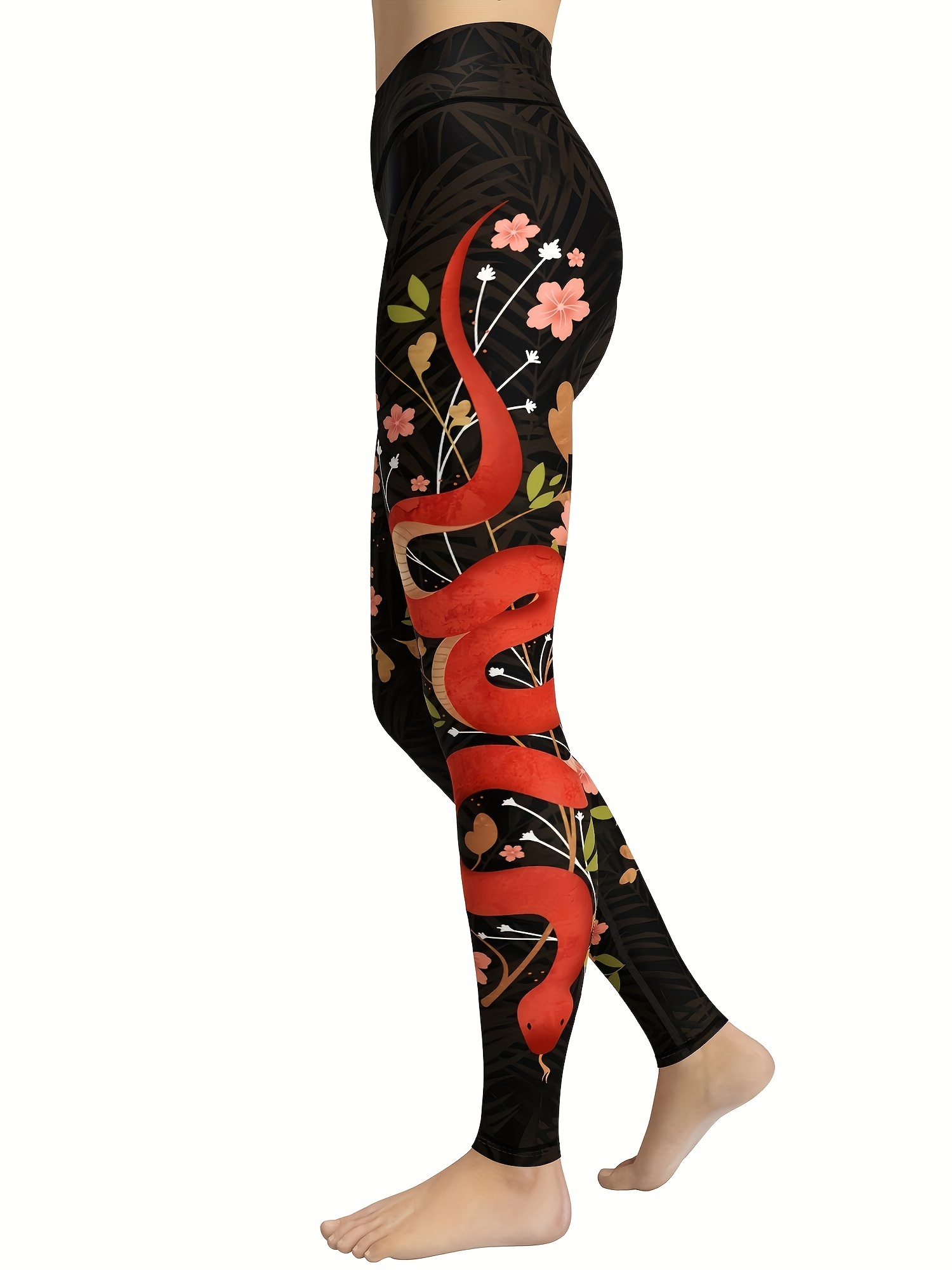 Snake Print Flower Graphic Yoga Sports Leggings High Stretch - Temu