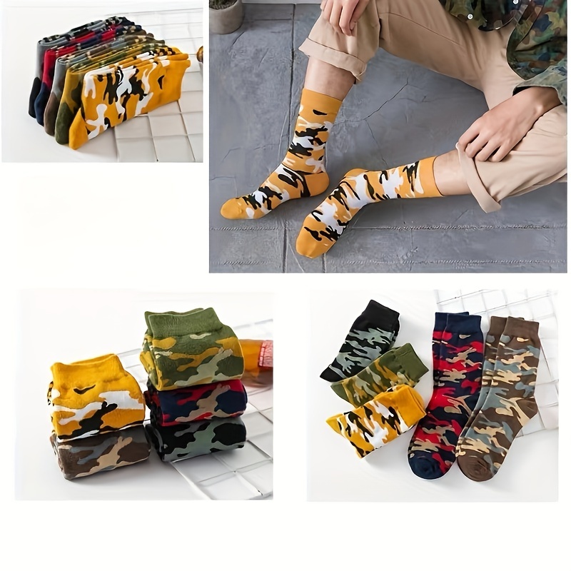 

5 Pairs Pairs Of Men's Trendy Camouflage Pattern Crew Socks, Breathable Comfy Casual Unisex Socks For Men's Outdoor Wearing All Seasons Wearing