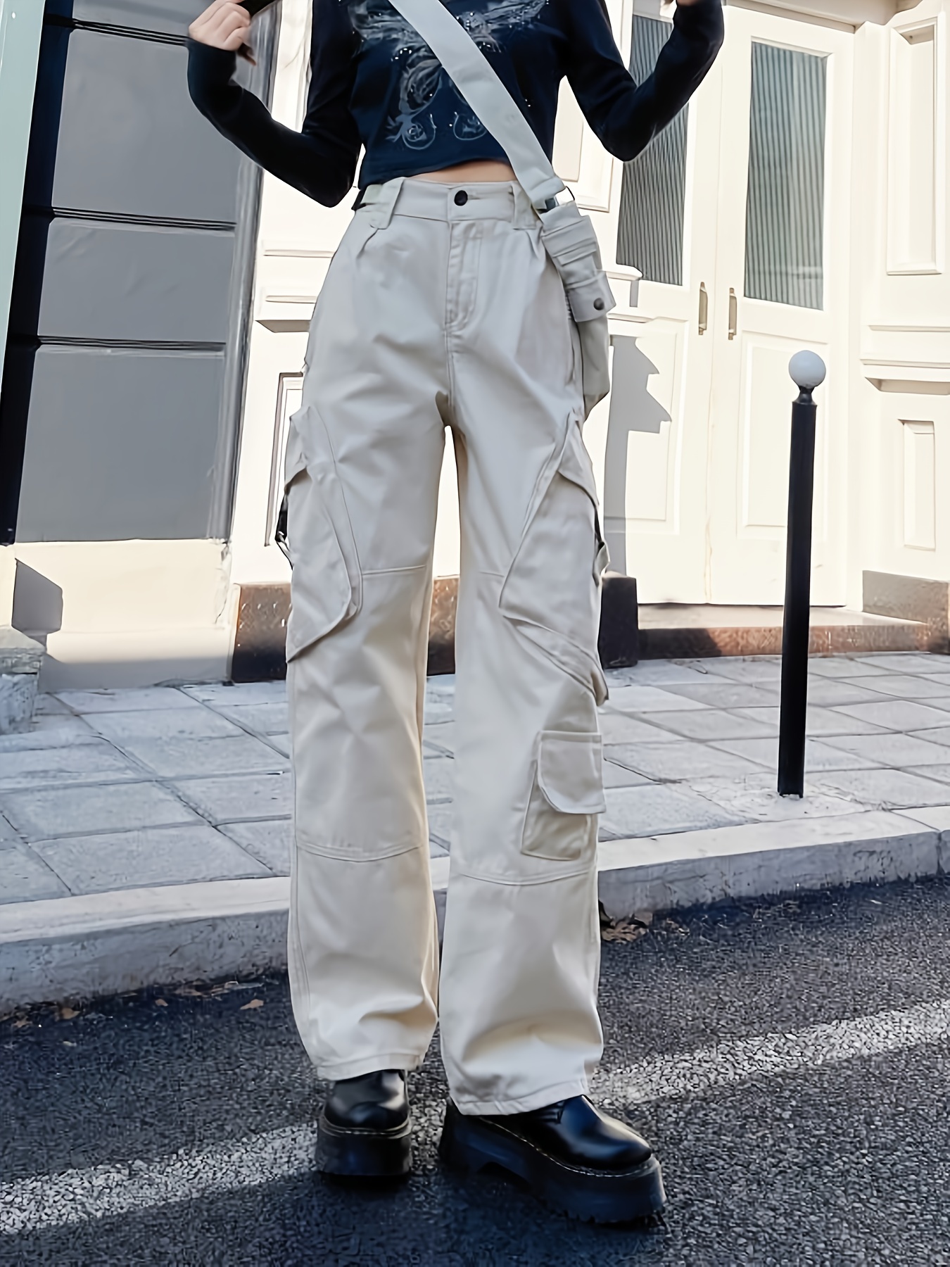 High Waist Vanilla Color Cargo Pants Huge Slant - Temu