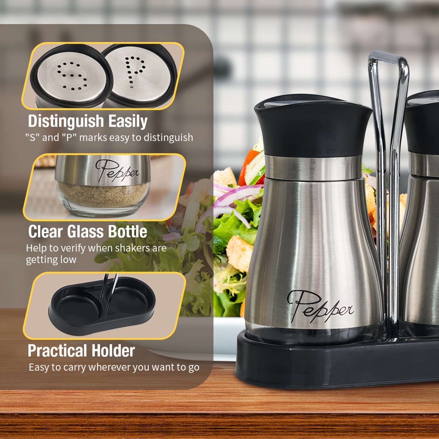 Salt and Pepper Shakers - Spice Dispenser with Adjustable Pour Holes - Stainless Steel & Glass - by Smart House Inc (2, Black)