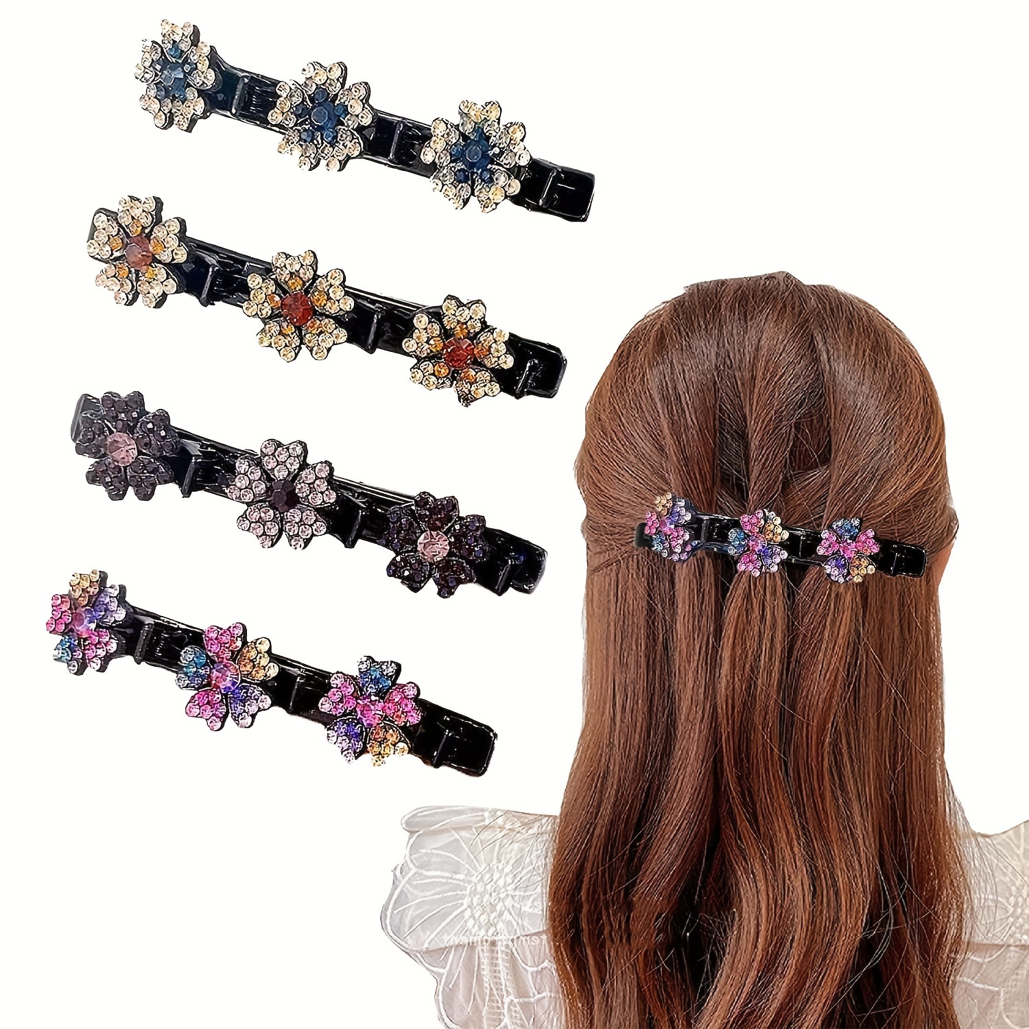 

4 Pcs Sparkling Crystal Braided Hair Clips For Women Vintage Fashion Flower Styling With 3 Small Hair Clips For New Year Party Christmas Party