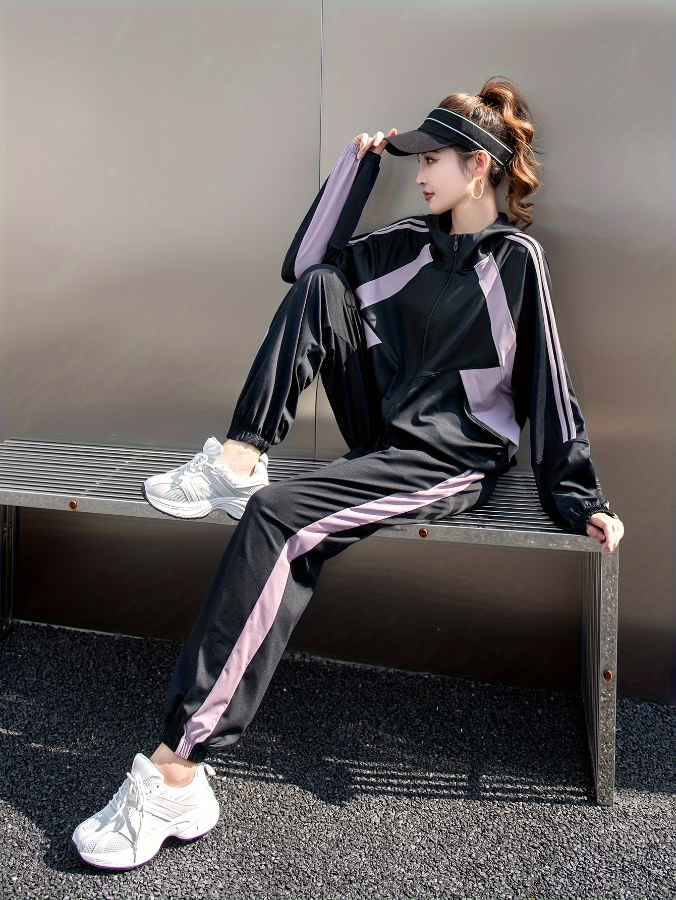 2pcs Casual Sports Set, Contrast Color Long Sleeve Jacket & Casual  Sweatpants Suit, Women's Activewear